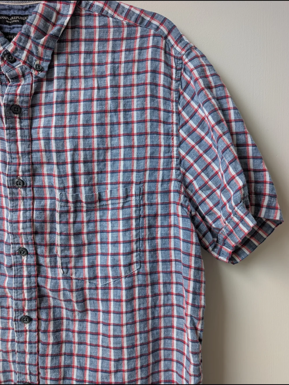 Banana Republic Linen Short Sleeve Shirt Mens L Blue Red White Plaid Camden Fit